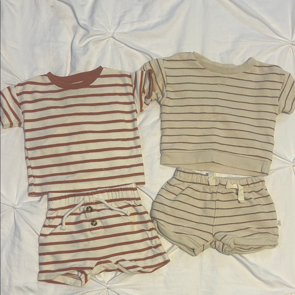 Striped Cotton Short Sets - Cream with Rust & Beige Stripes